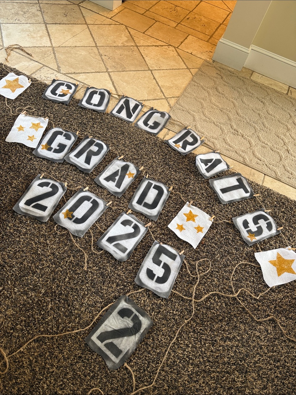 Handmade Congrats Grad 2025 Banner Garland - Black, White & Gold